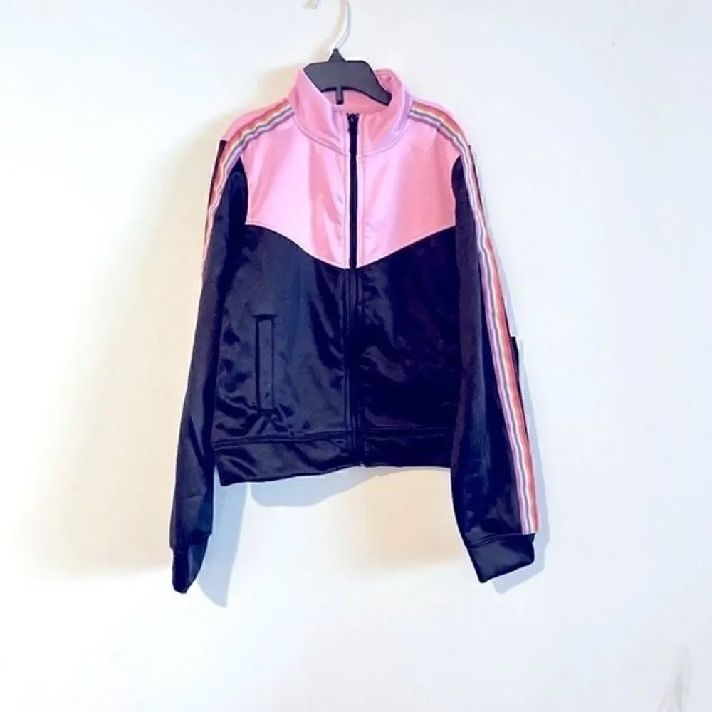 New Ideology Big Girls Rainbow Striped Track Jacket Pink/Black sweater size 14